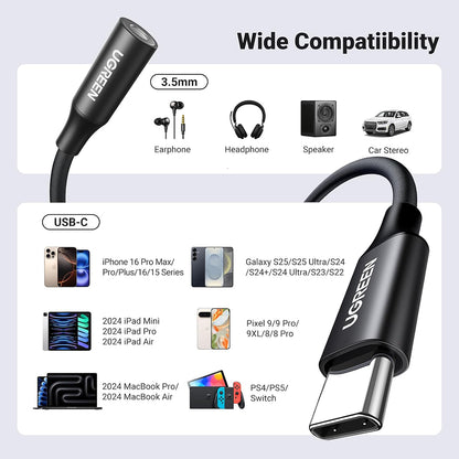 Adaptador de Áudio USB-C - 3.5mm UGREEN AV161, Preto