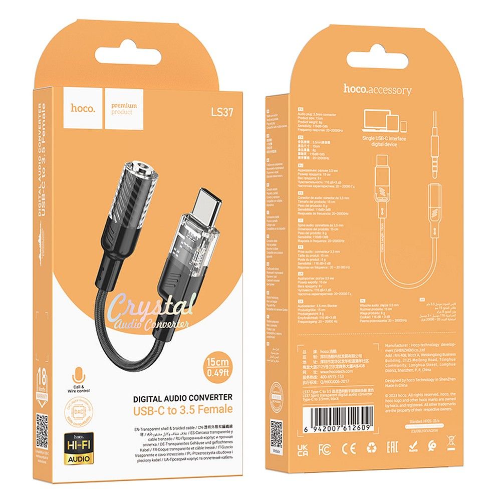 Adaptador de áudio USB-C - 3,5 mm HOCO LS37, preto 