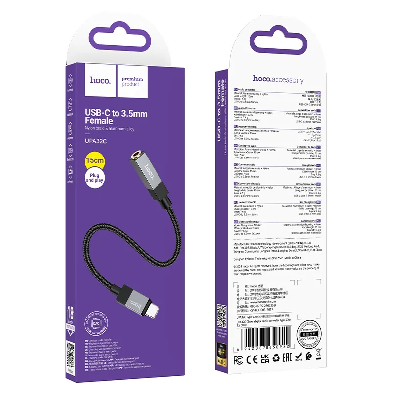 Adaptador de Áudio USB-C - 3.5mm HOCO UPA32C, Preto