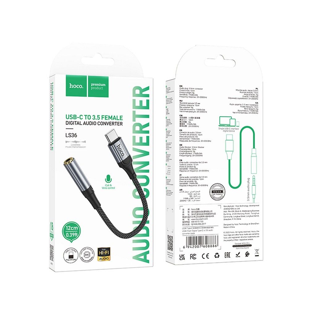 Adaptador de Áudio USB-C - 3.5mm HOCO LS36, Cinzento