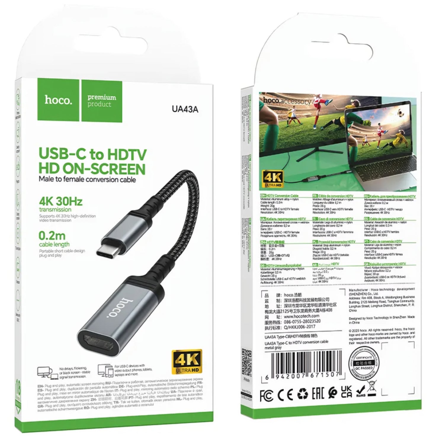 Adaptador Áudio e Vídeo USB-C - HDMI HOCO UA43A, Cinzento
