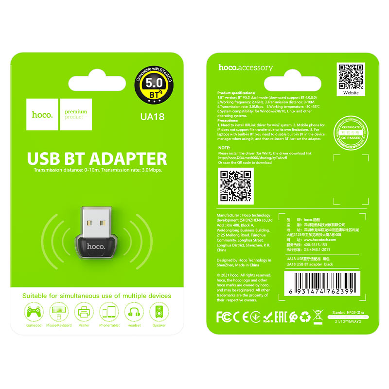 Adaptador USB Bluetooth HOCO UA18, preto