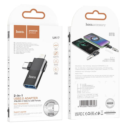 Adaptador OTG USB-C / Lightning - USB-A HOCO UA17, Preto