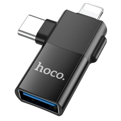 Adaptador OTG USB-C / Lightning - USB-A HOCO UA17, Preto