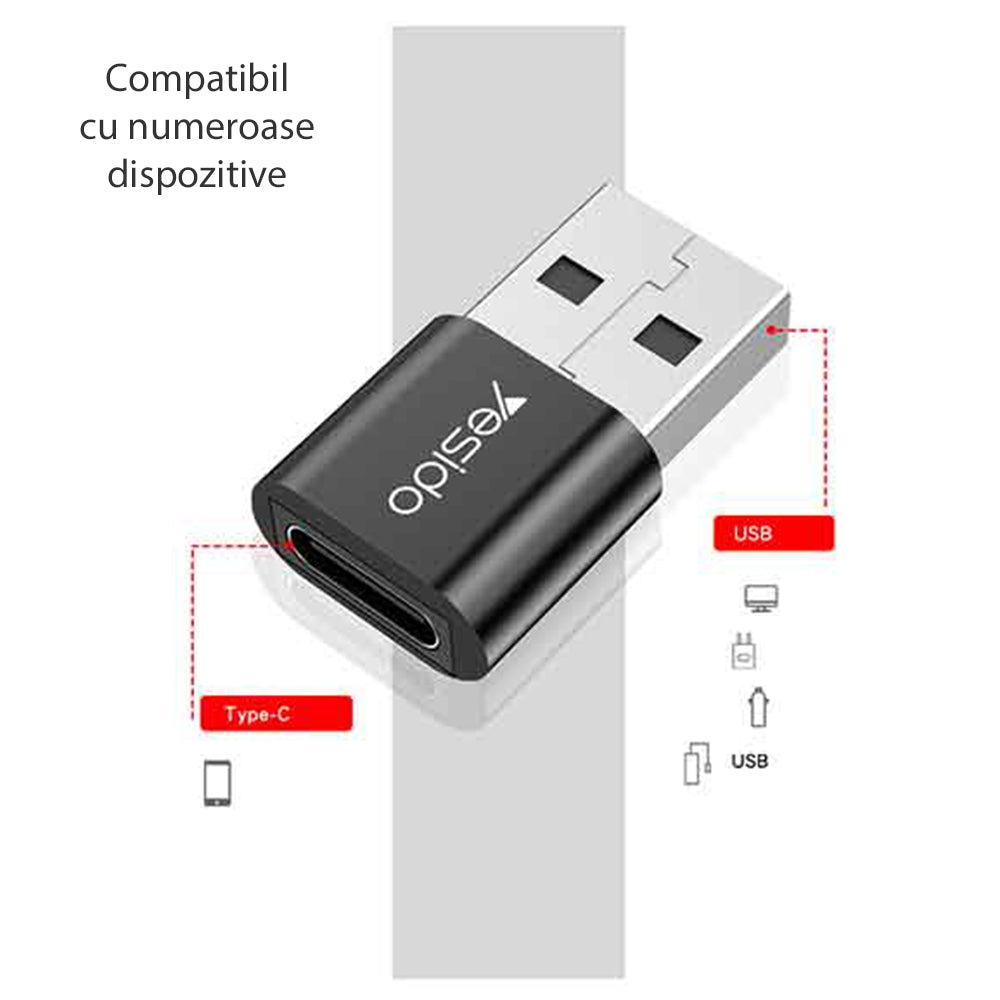 Adaptador de Dados e Carregamento USB-C - USB-A Yesido GS09, Preto