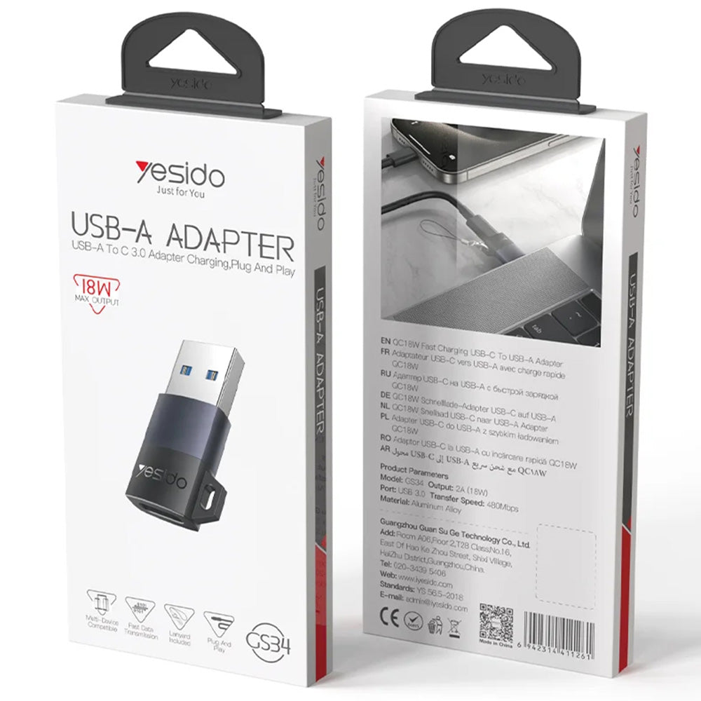 Adaptador de Dados e Carregamento USB-C - USB-A Yesido GS34, Cinzento