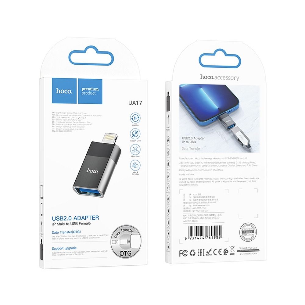Adaptador OTG Lightning - USB-A HOCO UA17, Preto