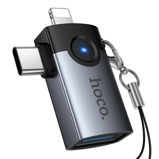 Adaptador OTG Lightning / USB-C - USB-A HOCO UA46D, Cinzento