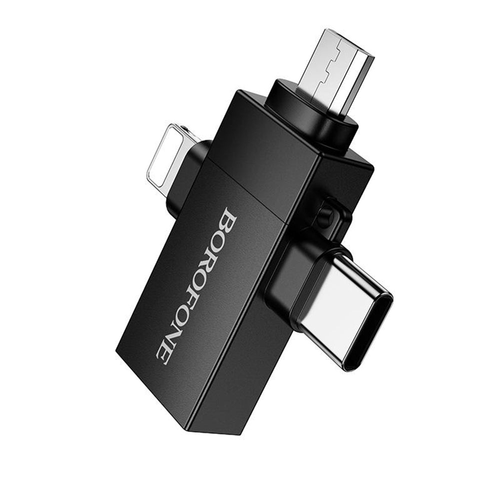 Adaptador OTG Lightning / microUSB / USB-C - USB-A Borofone BV26D, Preto