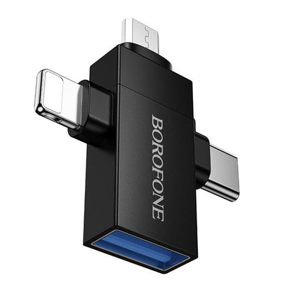 Adaptador OTG Lightning / microUSB / USB-C - USB-A Borofone BV26D, Preto