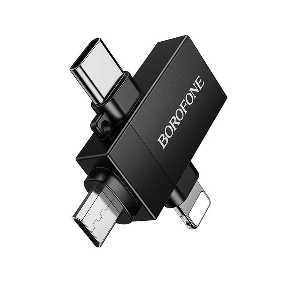 Adaptador OTG Lightning / microUSB / USB-C - USB-A Borofone BV26D, Preto