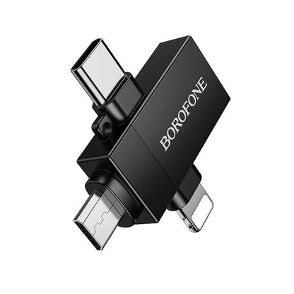 Adaptador OTG Lightning / microUSB / USB-C - USB-A Borofone BV26D, Preto