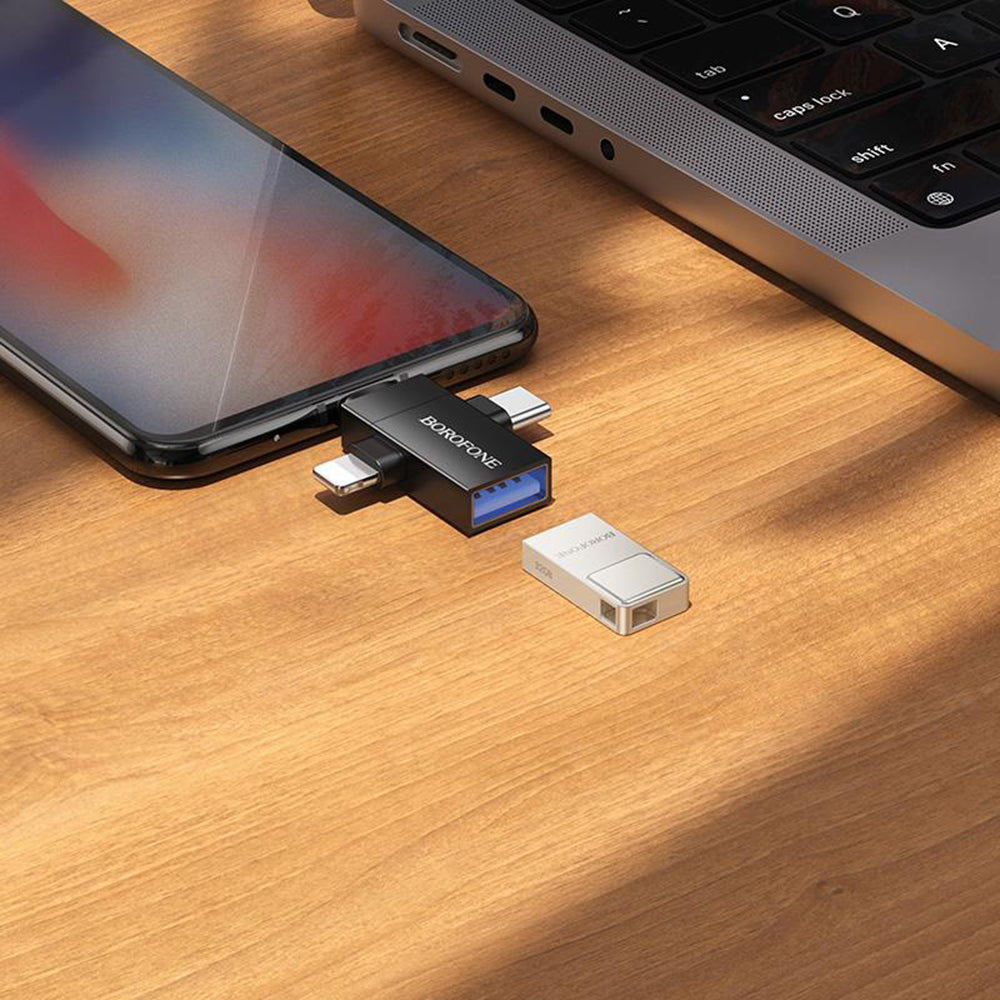 Adaptador OTG Lightning / microUSB / USB-C - USB-A Borofone BV26D, Preto