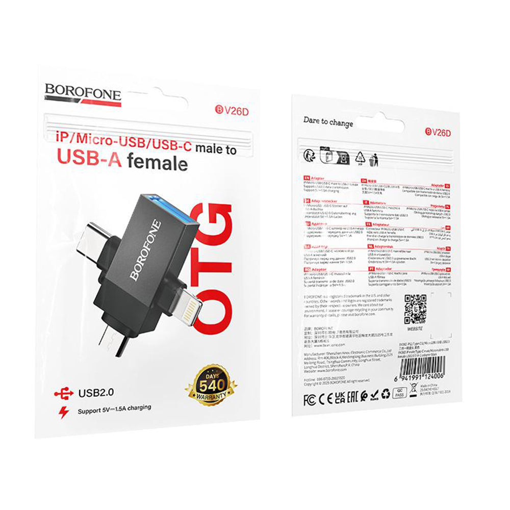Adaptador OTG Lightning / microUSB / USB-C - USB-A Borofone BV26D, Preto