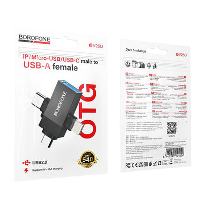 Adaptador OTG Lightning / microUSB / USB-C - USB-A Borofone BV26D, Preto
