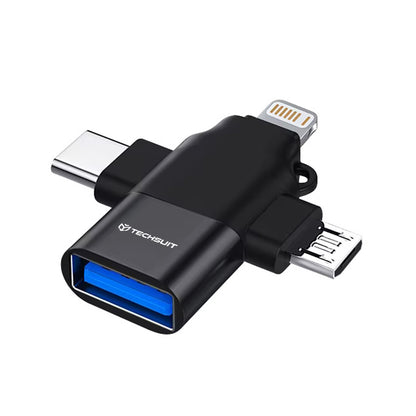 Adaptador OTG Lightning / microUSB / USB-C - USB-A Techsuit A17 SoundVoltX, Preto