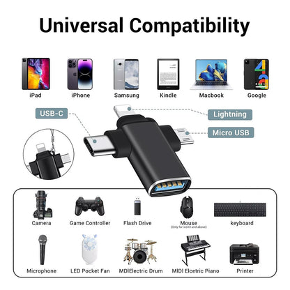 Adaptador OTG Lightning / microUSB / USB-C - USB-A Techsuit A17 SoundVoltX, Preto