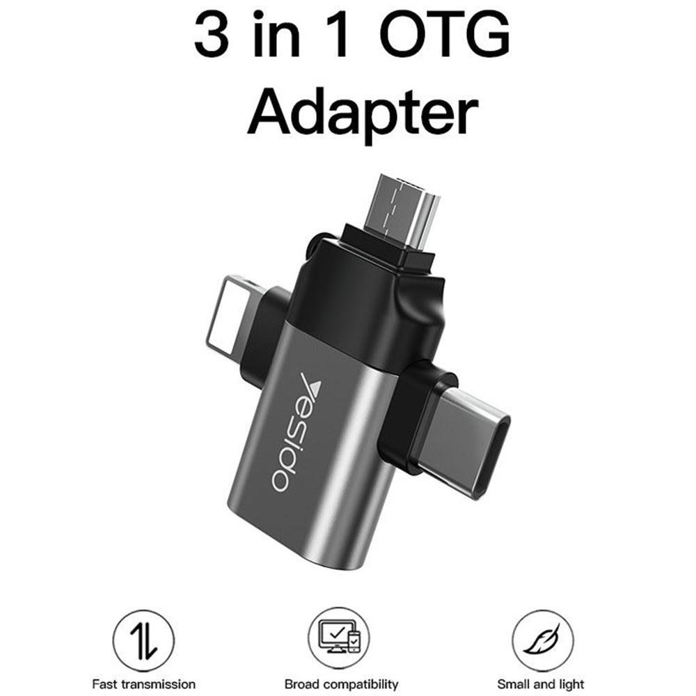 Adaptador OTG Lightning / microUSB / USB-C - USB-A Yesido GS15, Preto