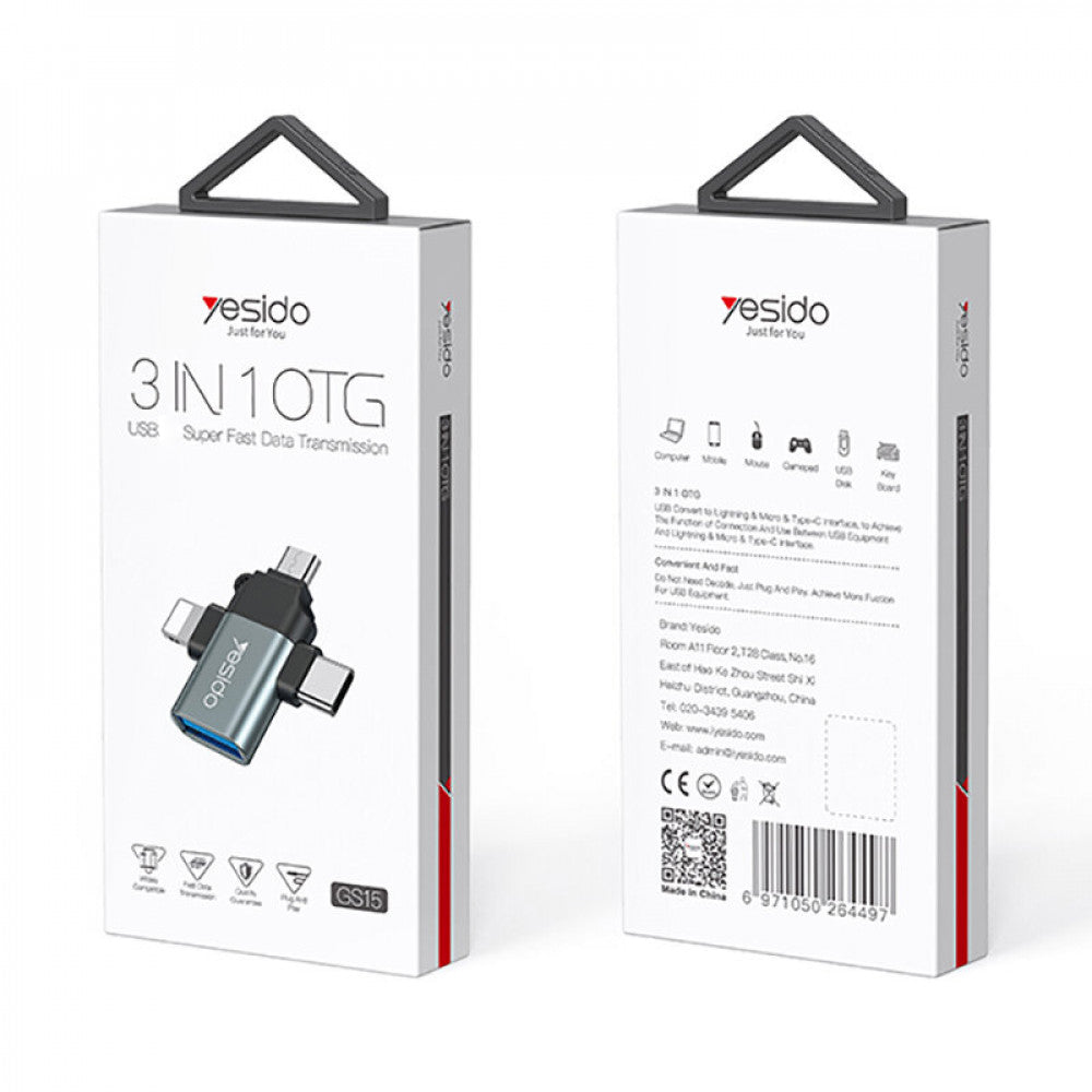 Adaptador OTG Lightning / microUSB / USB-C - USB-A Yesido GS15, Preto
