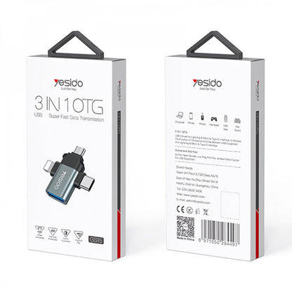 Adaptador OTG Lightning / microUSB / USB-C - USB-A Yesido GS15, Preto