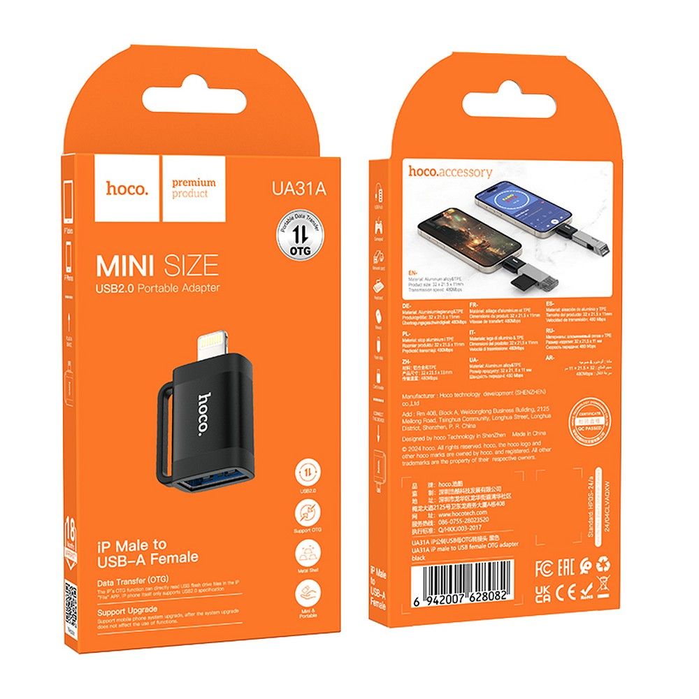 Adaptador OTG Lightning - USB-A HOCO UA31A, Preto