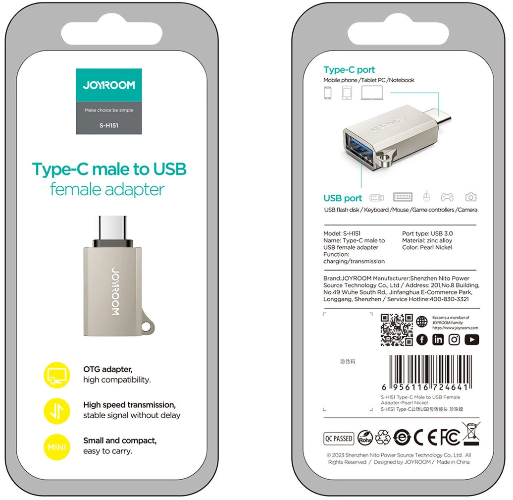Adaptador OTG USB-C - USB-A Joyroom S-H151, Prateado