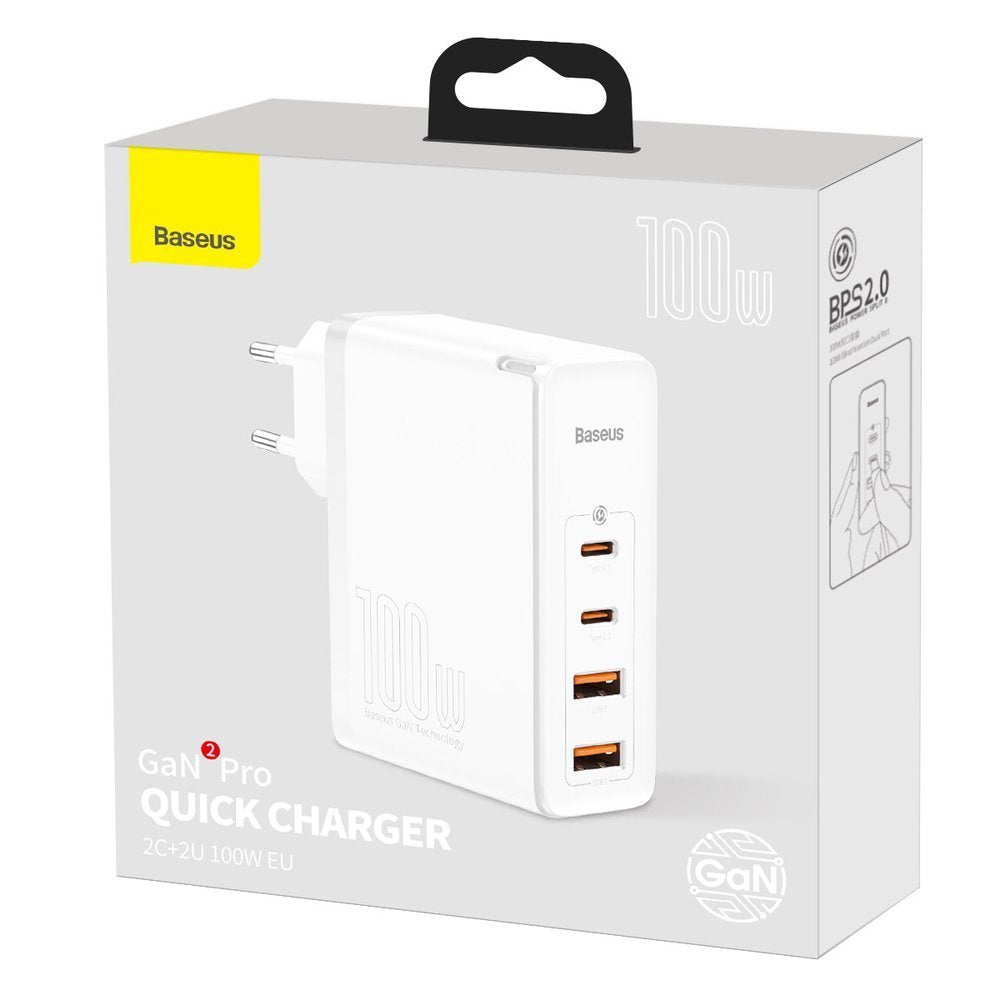 Carregador de rede Baseus GaN2 Pro, 100W, 3A, 2 x USB-A - 2 x USB-C, branco CCGAN2P-L02