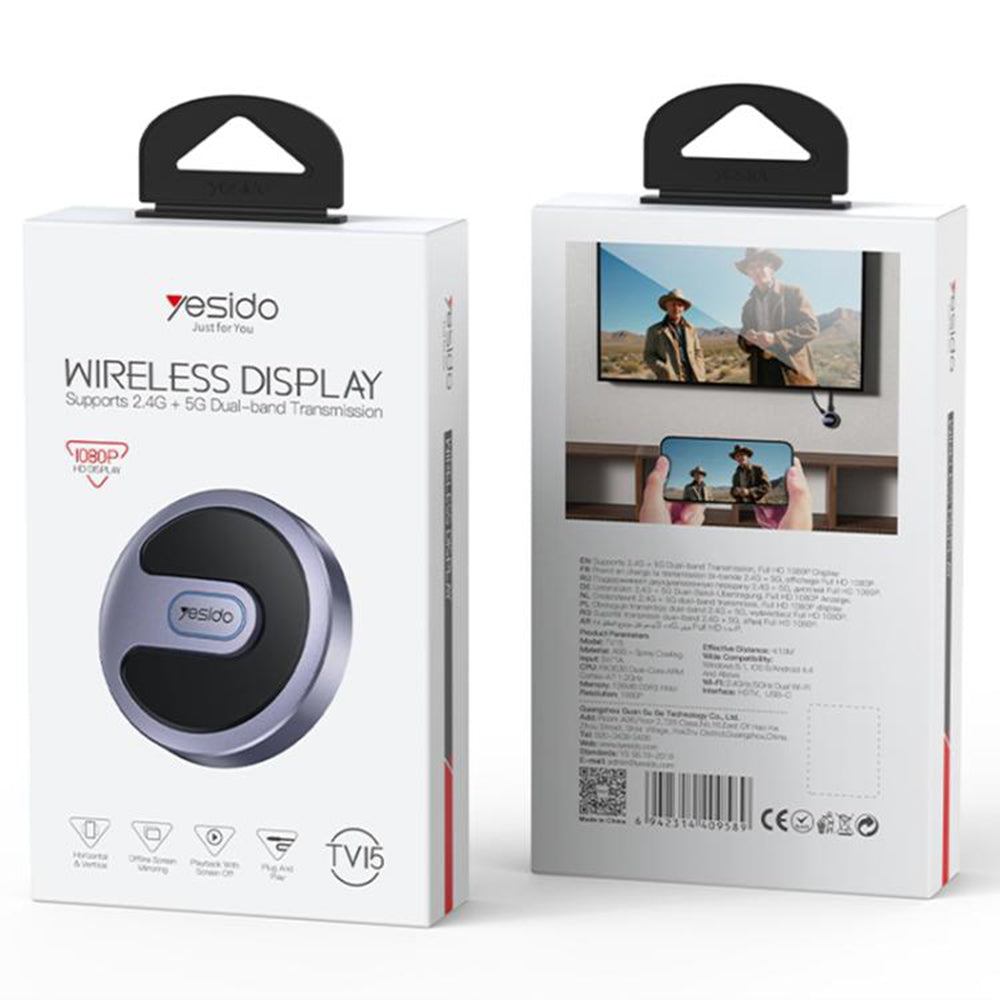 Adaptador Wireless Multimédia Yesido TV15, Cinzento