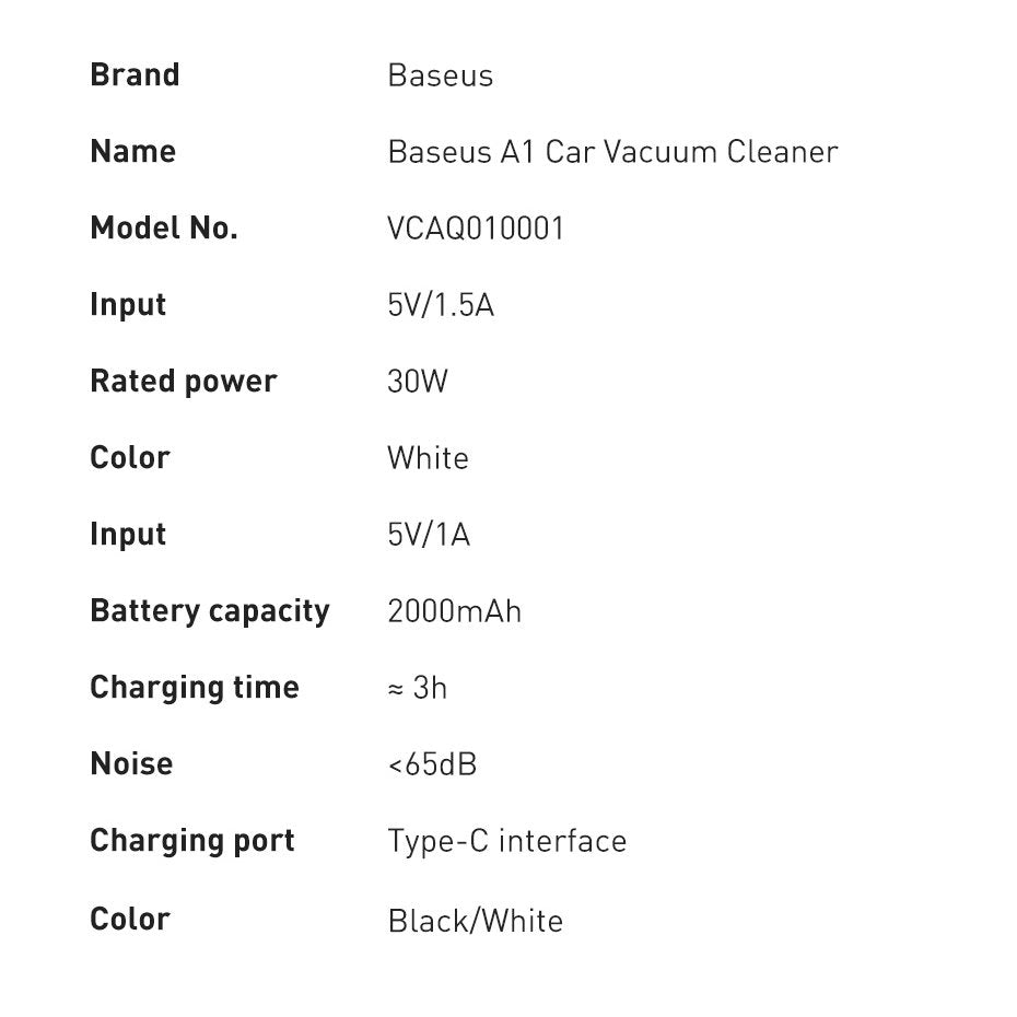 Aspirador para automóvel Baseus A1 VCAQ010002