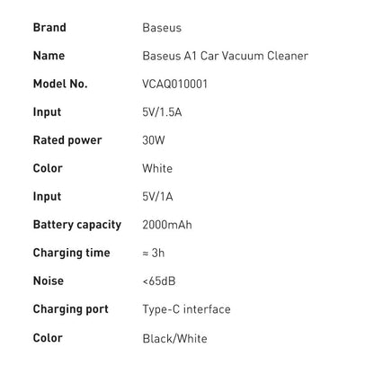 Aspirador para automóvel Baseus A1 VCAQ010002