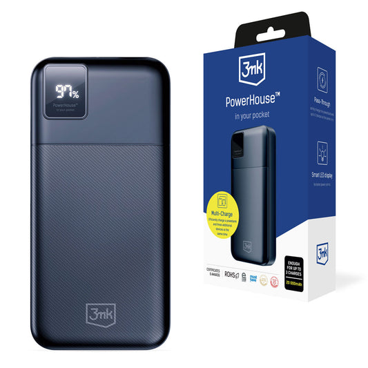 Bateria externa 3MK PowerHouse, 20000mAh, 22,5W, QC + PD, 1 x USB-A - 1 x USB-C, preto