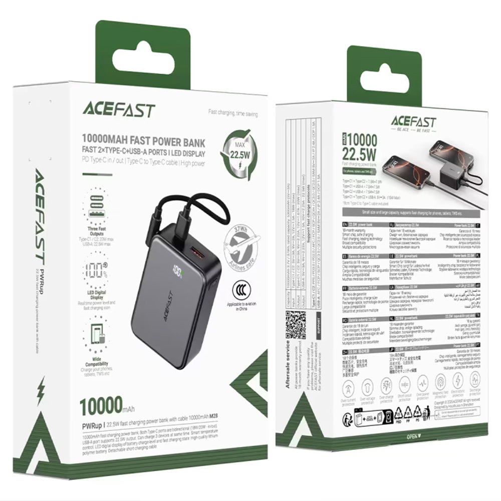 Bateria Externa Acefast M28, 10000mAh, 22.5W, QC + PD, 1 x USB-A - 2 x USB-C, Preta