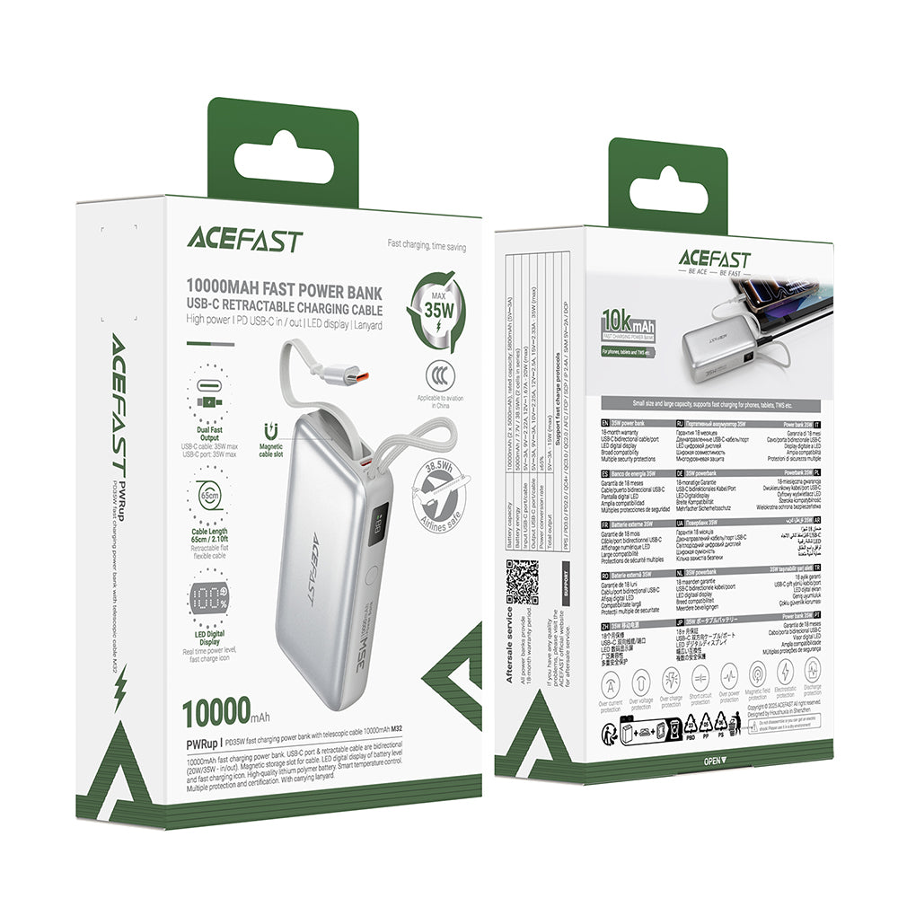 Bateria Externa Acefast M32, 10000mAh, 35W, PD, 2 x USB-C, Prateada