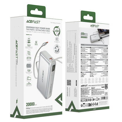 Bateria Externa Acefast M34, 20000mAh, 45W, QC + PD, 1 x USB-A - 2 x USB-C, Prateada
