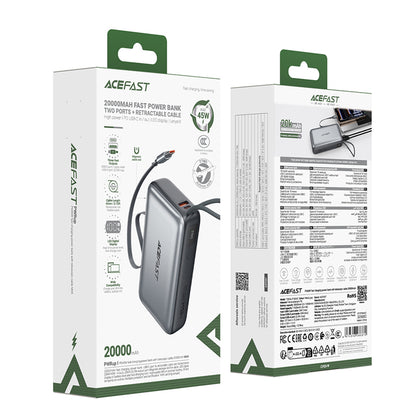 Bateria Externa Acefast M34, 20000mAh, 45W, QC + PD, 1 x USB-A - 2 x USB-C, Cinzento
