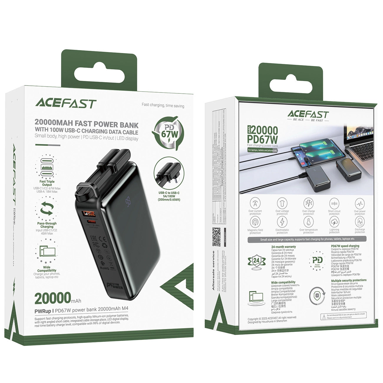 Bateria Externa Acefast M4, 20000mAh, 67W, PD, 1 x USB-A - 2 x USB-C, Preta