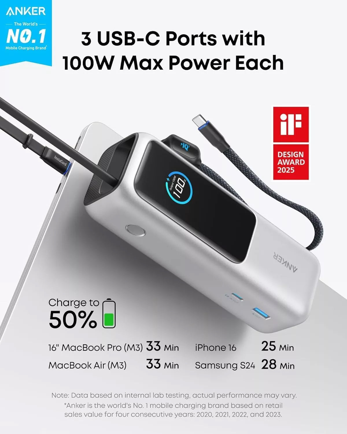 Bateria Externa Anker, 25000mAh, 165W, QC + PD, 1 x USB-A - 3 x USB-C, Prateada, Reembalada A1695H41