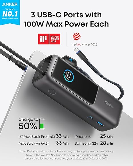 Bateria Externa Anker, 25000mAh, 165W, QC + PD, 1 x USB-A - 3 x USB-C, Cinzento A1695H11