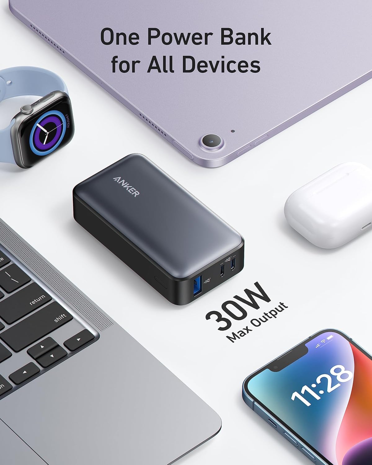 Bateria externa Anker 533, 10000mAh, 30W, QC + PD, 1 x USB-A - 2 x USB-C, preto A1256G12