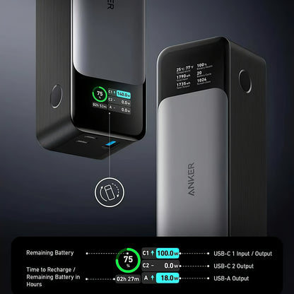 Bateria externa Anker 737, 24000mAh, 140W, QC + PD, 1 x USB-A - 2 x USB-C, preto A1289011 