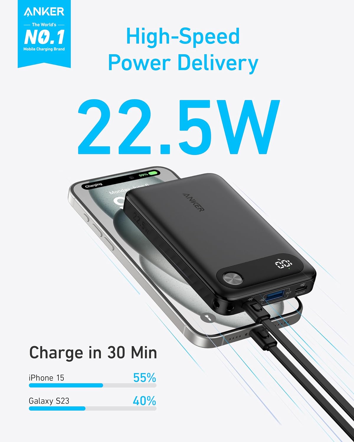 Bateria externa Anker PowerCore, 10000mAh, 22,5W, QC + PD, 1 x USB-A - 2 x USB-C, preto A1257G11 