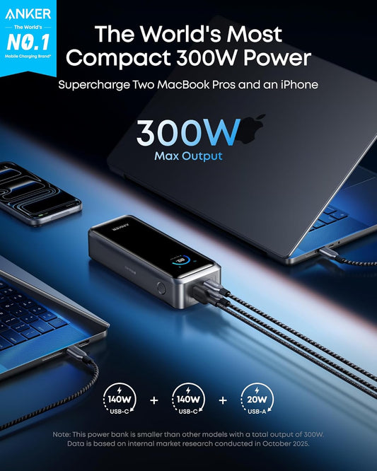 Bateria Externa Anker Prime, 26250mAh, 300W, QC + PD, 1 x USB-A - 2 x USB-C, Preta A110AH11