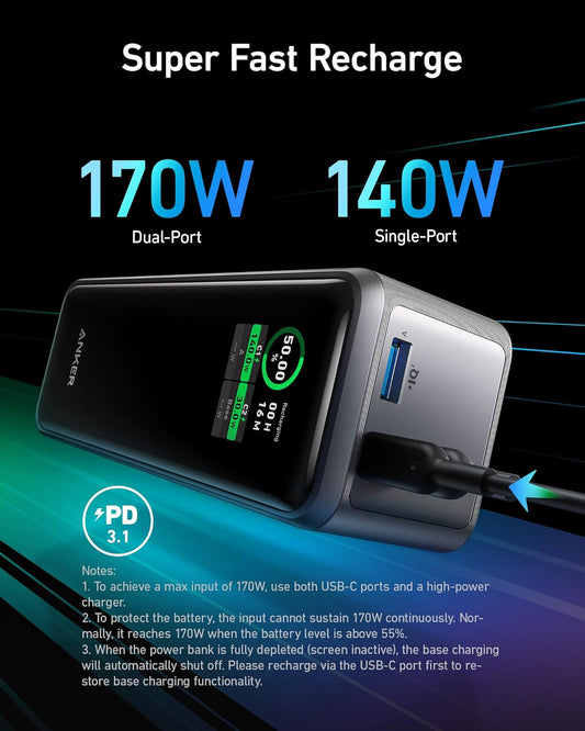 Bateria externa Anker Prime, 27650mAh, 250W, QC + PD, 1 x USB-A - 2 x USB-C, Preto A1340011 A1340011