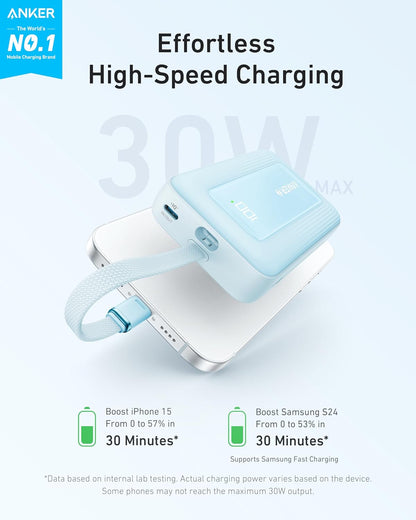 Anker Zolo External Battery, 10000mAh, 30W, QC + PD, 1 x USB-A - 2 x USB-C, Blue A1688031