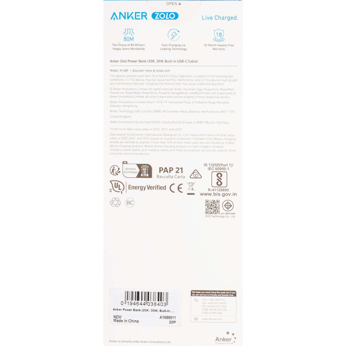 Bateria Externa Anker Zolo, 20000mAh, 30W, QC + PD, 1 x USB-A - 2 x USB-C, Preta A1689011