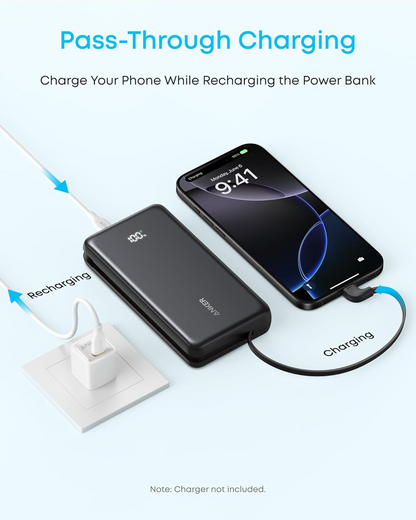 Anker Zolo External Battery, 10000mAh, 22.5W, QC + PD, 1 x USB-A - 2 x USB-C, Black A110DH11