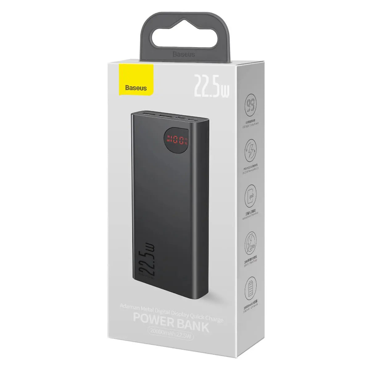 Bateria Externa Baseus Adaman, 20000mAh, 22.5W, QC + PD, 1 x USB-C - 2 x USB-A, Preta PPAD070101