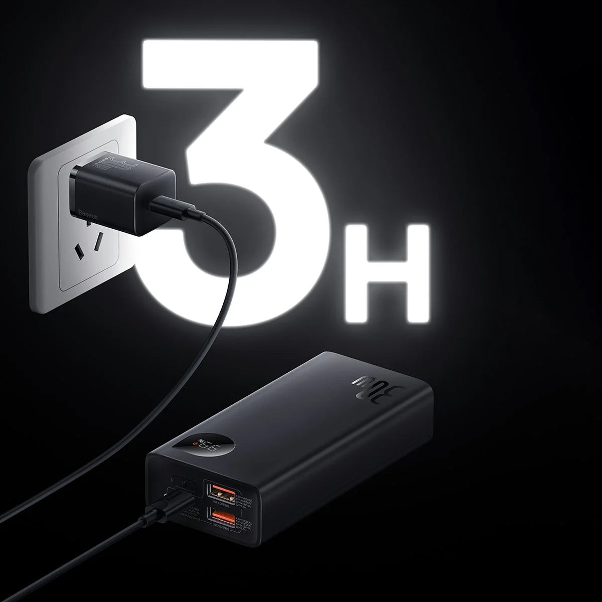Bateria Externa Baseus Adaman2, 10000mAh, 30W, QC + PD, 1 x USB-C - 2 x USB-A, Preta PPAD040101
