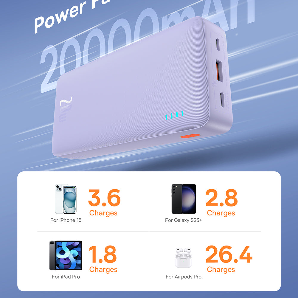 Bateria Externa Baseus Airpow, 20000mAh, 20W, QC + PD, 1 x USB-A - 1 x USB-C, Roxo P10022804513-00