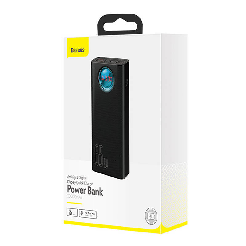 Bateria Externa Baseus Amblight Digital Display, 30000mAh, 65W, QC + PD, 1 x USB-C - 4 x USB-A, Preta PPLG000101